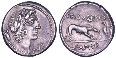 Papia, Denario con Testa laureata e Lupa, 45 a.C.