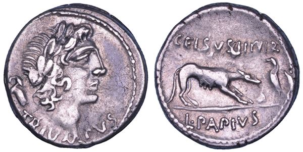PAPIA. L. Papius Celsus, 45 a.C. Denario.