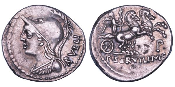 SERVILIA. P. Servilius M.f. Rullus, 100 a.C. Denario.
