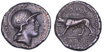 P. Satrienus, Denario del 77 a.C. con Testa elmata di Roma e Lupa