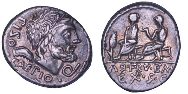 CALPURNIA. L. Calpurnius Piso Caesonius, Q. Servilius Caepio, 100 a.C. Denario.