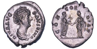 FAUSTINA I, Denario con busto diademato e raffigurazione di Antonino Pio