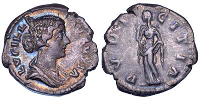 Imperatrice Lucilla, Denario con Busto e Pudicitia, 164-182 d.C., Roma