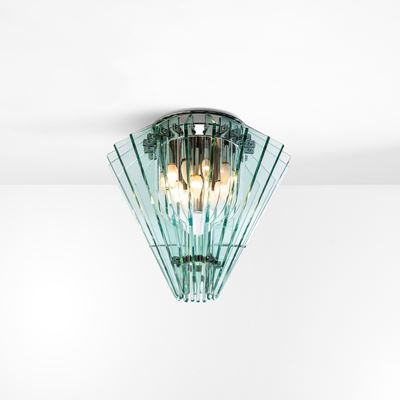 Lampada a sospensione, struttura in metallo cromato e diffusori in cristallo molato (produzione i...