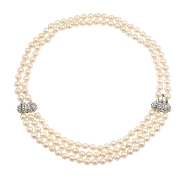 Cultured pearl, gold and diamond necklace