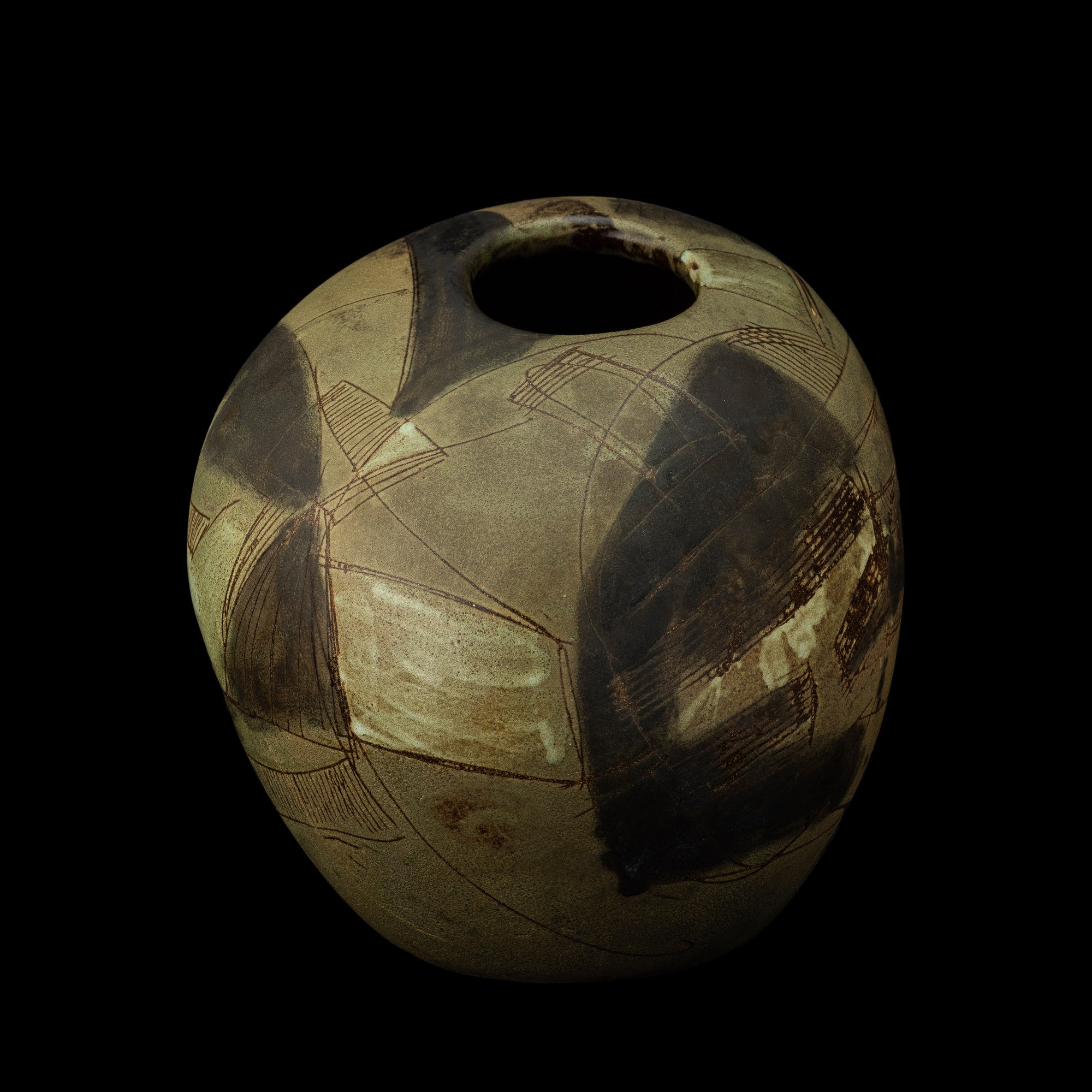 Carlo Zauli - Vaso asimmetrico in grès con decoro astratto stilizzato