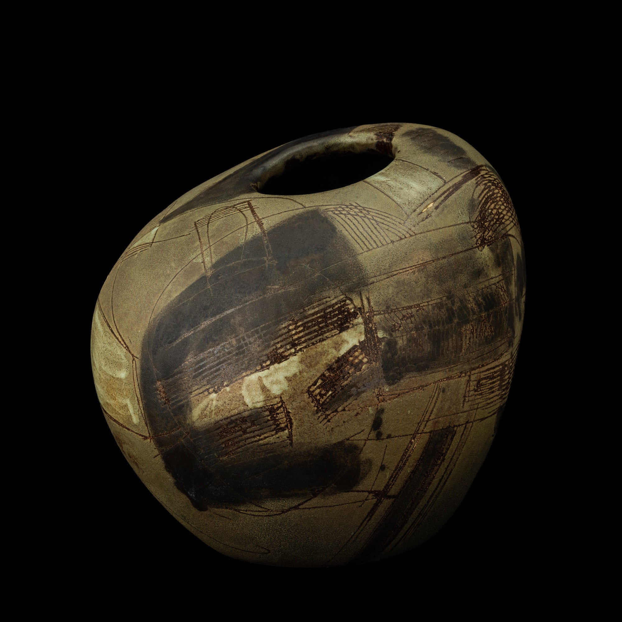 Carlo Zauli - Vaso asimmetrico in grès con decoro astratto stilizzato