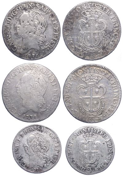 Regno di Sardegna, Carlo Emanuele III di Savoia, Mezzo Scudo Sardo 1771 (due esemplari) e Quarto ...