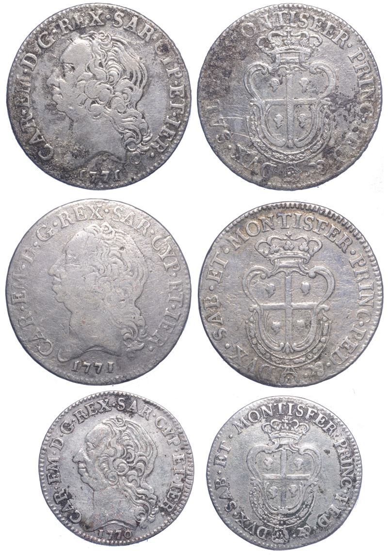 REGNO DI SARDEGNA, CARLO EMANUELE III DI SAVOIA, 1755-1773 (II PERIODO). Lotto di tre monete.  - Asta Numismatica Light - Cambi Casa d'Aste