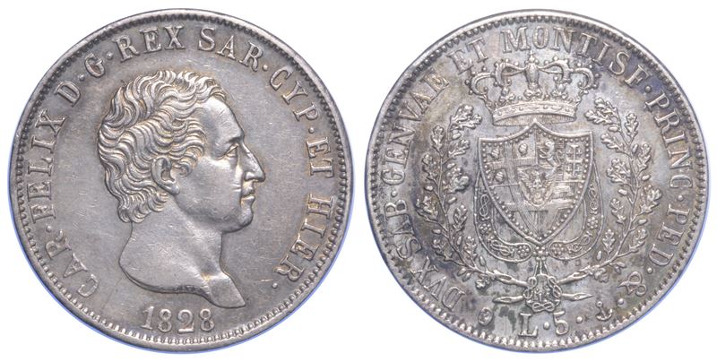 REGNO DI SARDEGNA. CARLO FELICE DI SAVOIA, 1821-1831. 5 Lire.  - Asta Numismatica Light - Cambi Casa d'Aste