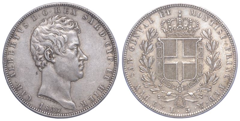REGNO DI SARDEGNA. CARLO ALBERTO DI SAVOIA, 1831-1849. 5 Lire.  - Auction Light Numismatics - Cambi Casa d'Aste