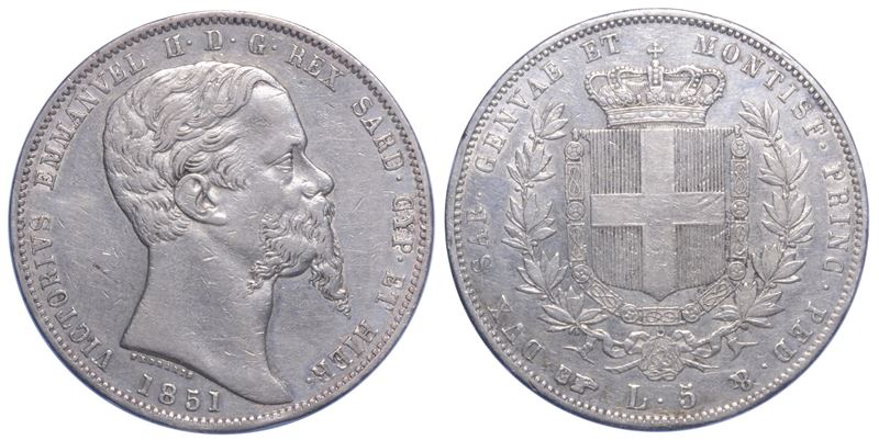 REGNO DI SARDEGNA. VITTORIO EMANUELE II DI SAVOIA, 1849-1861. 5 lire 1851.  - Asta Numismatica Light - Cambi Casa d'Aste