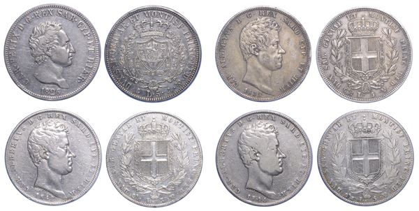 REGNO DI SARDEGNA. CARLO FELICE DI SAVOIA, 1821-1831. CARLO ALBERTO DI SAVOIA, 1831-1849. Lotto di quattro monete da 5 Lire.