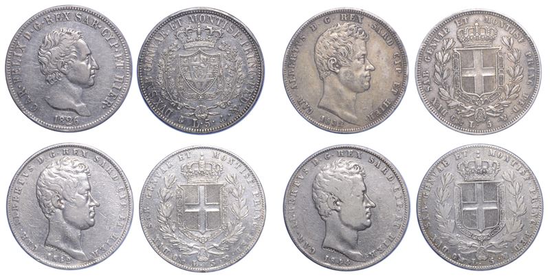 REGNO DI SARDEGNA. CARLO FELICE DI SAVOIA, 1821-1831. CARLO ALBERTO DI SAVOIA, 1831-1849. Lotto di quattro monete da 5 Lire.  - Auction Light Numismatics - Cambi Casa d'Aste