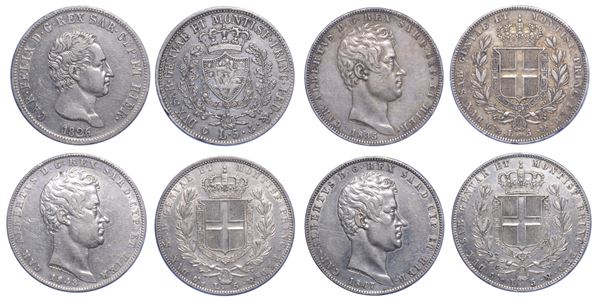 REGNO DI SARDEGNA. CARLO FELICE DI SAVOIA, 1821-1831. CARLO ALBERTO DI SAVOIA, 1831-1849. Lotto di quattro monete da 5 Lire.
