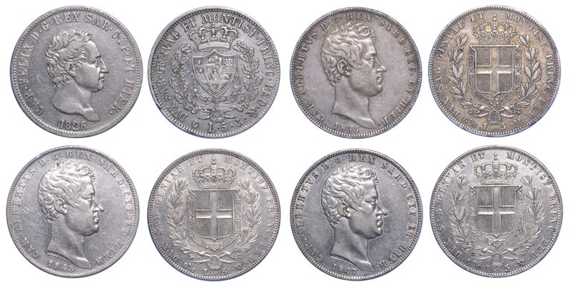 REGNO DI SARDEGNA. CARLO FELICE DI SAVOIA, 1821-1831. CARLO ALBERTO DI SAVOIA, 1831-1849. Lotto di quattro monete da 5 Lire.  - Asta Numismatica Light - Cambi Casa d'Aste
