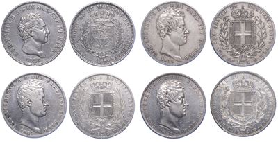 Regno di Sardegna, Lotto di quattro monete da 5 Lire (1828 Torino; 1839 Torino; 1843 Genova; 1847...