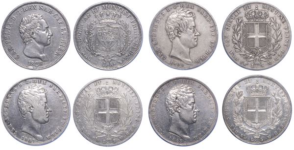 REGNO DI SARDEGNA. CARLO FELICE DI SAVOIA, 1821-1831. CARLO ALBERTO DI SAVOIA, 1831-1849. Lotto di quattro monete da 5 Lire.