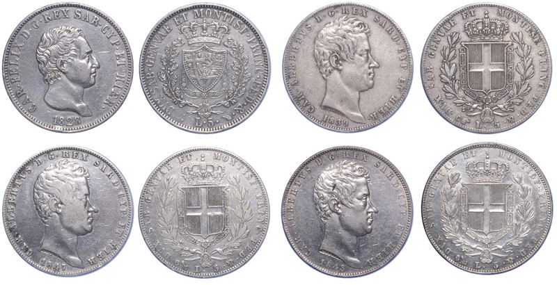 REGNO DI SARDEGNA. CARLO FELICE DI SAVOIA, 1821-1831. CARLO ALBERTO DI SAVOIA, 1831-1849. Lotto di quattro monete da 5 Lire.  - Auction Light Numismatics - Cambi Casa d'Aste