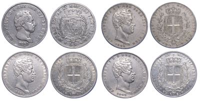 Regno di Sardegna, Lotto di quattro monete da 5 Lire (1829-1849)