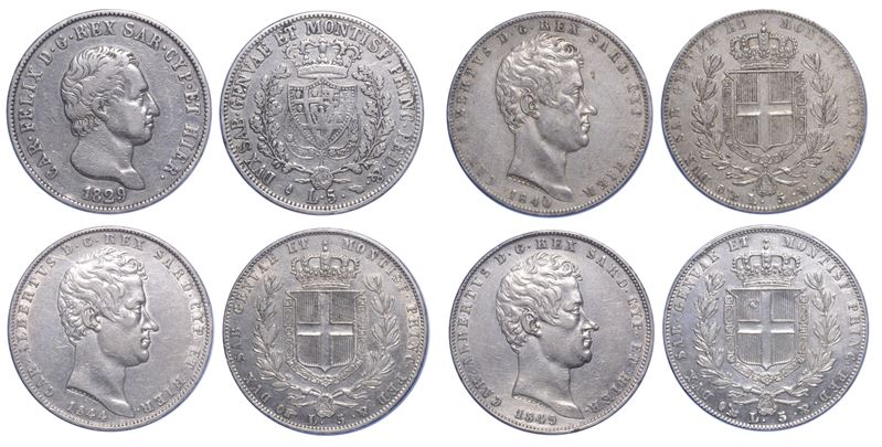 REGNO DI SARDEGNA. CARLO FELICE DI SAVOIA, 1821-1831. CARLO ALBERTO DI SAVOIA, 1831-1849. Lotto di quattro monete da 5 Lire.  - Auction Light Numismatics - Cambi Casa d'Aste