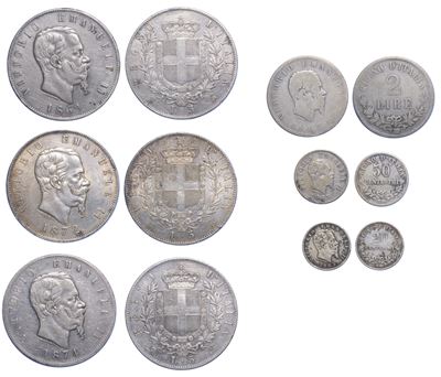 Regno d’Italia, Vittorio Emanuele II di Savoia (1861-1878), lotto di sei monete in argento