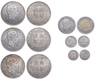 Regno d’Italia, Vittorio Emanuele II di Savoia, Lotto di sei monete (1861–1878), argento