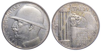 Elmetto, 20 Lire. Regno d’Italia, Vittorio Emanuele III di Savoia (1900–1946), 1928