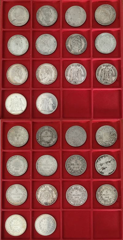 Francia, Lotto di quattordici monete (monetazione mista in argento, dal Luigi XVIII alla Quinta R...
