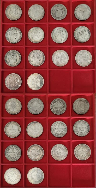Francia, Lotto di quattordici monete (monetazione mista in argento, dal periodo di Luigi XVIII al...