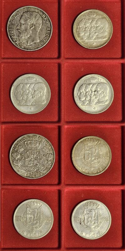 Belgio, Lotto di quattro monete (monetazione mista, argento, da Leopoldo II a Leopoldo III)