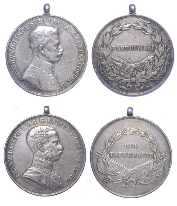 IMPERO AUSTRO-UNGARICO. CARLO I, 1916-1918. Francesco Giuseppe 1848-1866. Lotto di due medaglie al valore.