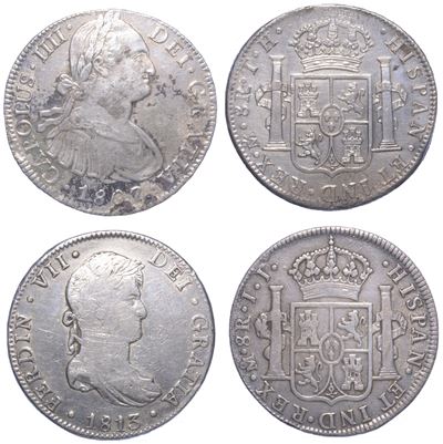 Spagna, Carlo IV / Ferdinando VII, Lotto di due monete in argento (8 reales, 1807 e 1813) – Messi...