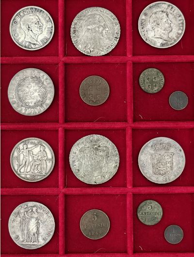 Monetazione italiana, Lotto di sette monete (regni di Carlo Alberto e Vittorio Emanuele III; Repu...