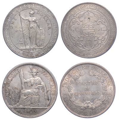 Lotto di due monete in argento (Inghilterra e Indocina francese), 1902–1906