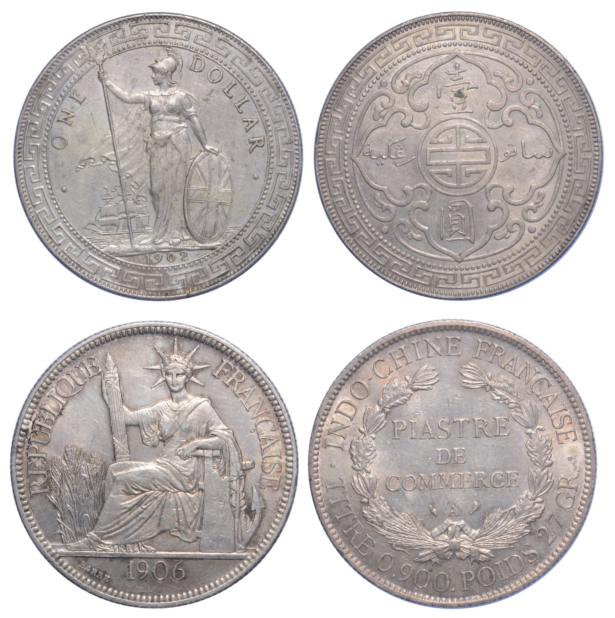 Lotto di due monete in argento (Inghilterra e Indocina francese), 1902–1906