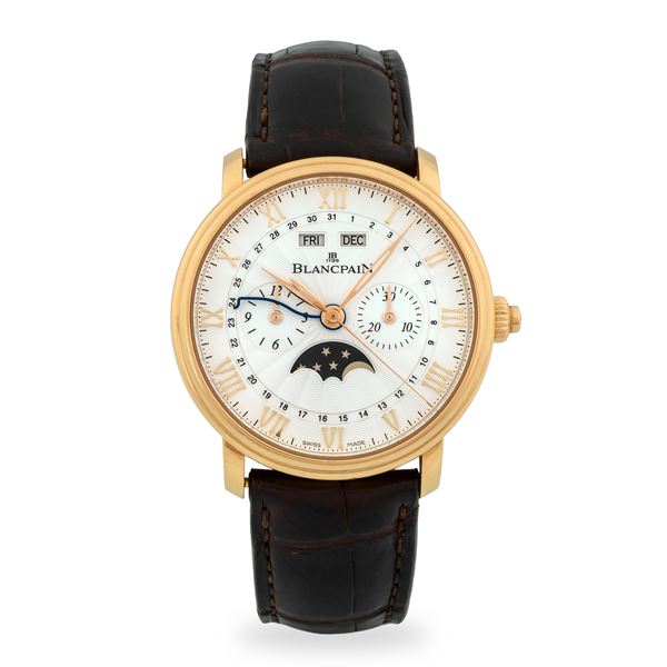 Blancpain - Villeret Chrono Monopulsante, quadrante argentè Guillochè a raggiera con numeri Romani e calendario completo fasi lunari, circa 2000