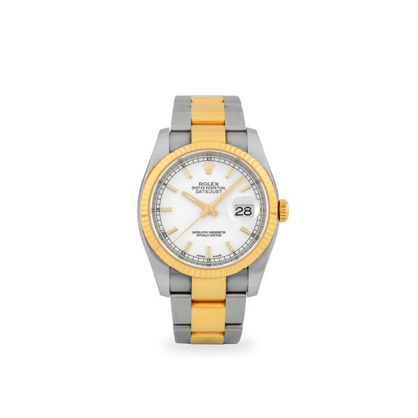 Datejust ref. 116233 in acciaio e oro giallo, quadrante bianco con indici a bastone, minuteria con numeri Romani e datario al tre, circa 2015