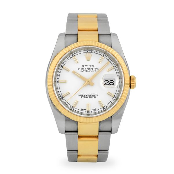 Rolex - Datejust ref. 116233 in acciaio e oro giallo, quadrante bianco con indici a bastone, minuteria con numeri Romani e datario al tre, circa 2015