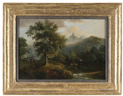 Scuola del XIX secolo, Paesaggio fluviale con figure, olio su tela