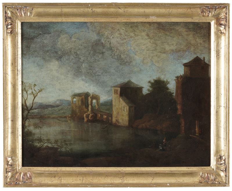Scuola del XVIII secolo Paesaggio fluviale con architetture  - olio su tela - Asta Dipinti Antichi - Cambi Casa d'Aste