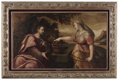 Scuola del XVII secolo, Cristo e la Samaritana al pozzo, olio su tela