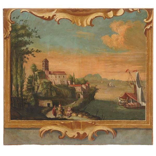 Scuola del XVIII secolo Veduta costiera con personaggi e architetture
