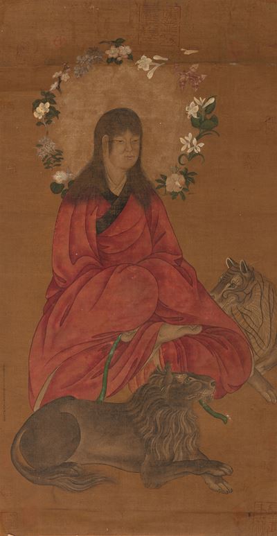 Dinastia Qing (epoca Qianlong, 1736-1796), Sacerdotessa in meditazione con leone e tigre, dipinto...