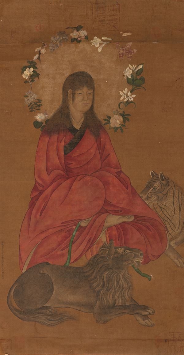 Dipinto su seta raffigurante sacerdotessa in meditazione con leone e tigre, Cina, Dinastia Qing, epoca Qianlong (1736-1796)