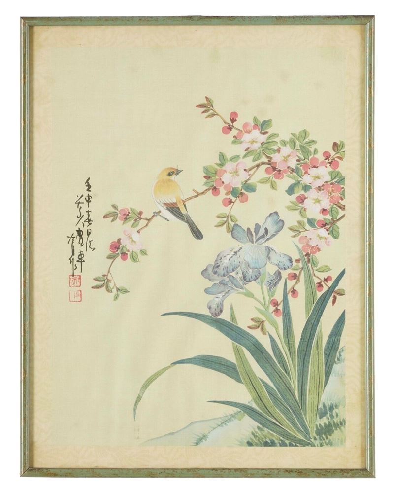 Dipinto su seta con uccellino tra i rami con iscrizioni, Cina, Repubblica  - Auction Antiques - Cambi Casa d'Aste