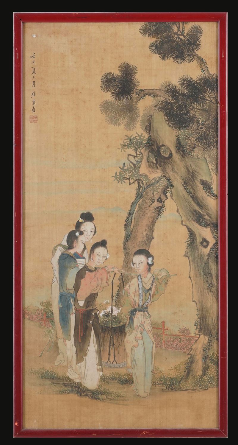 Dipinto su seta raffigurante fanciulle con iscrizioni, Cina, Dinastia Qing, XIX secolo  - Asta Fine Asian Works of Art - Cambi Casa d'Aste