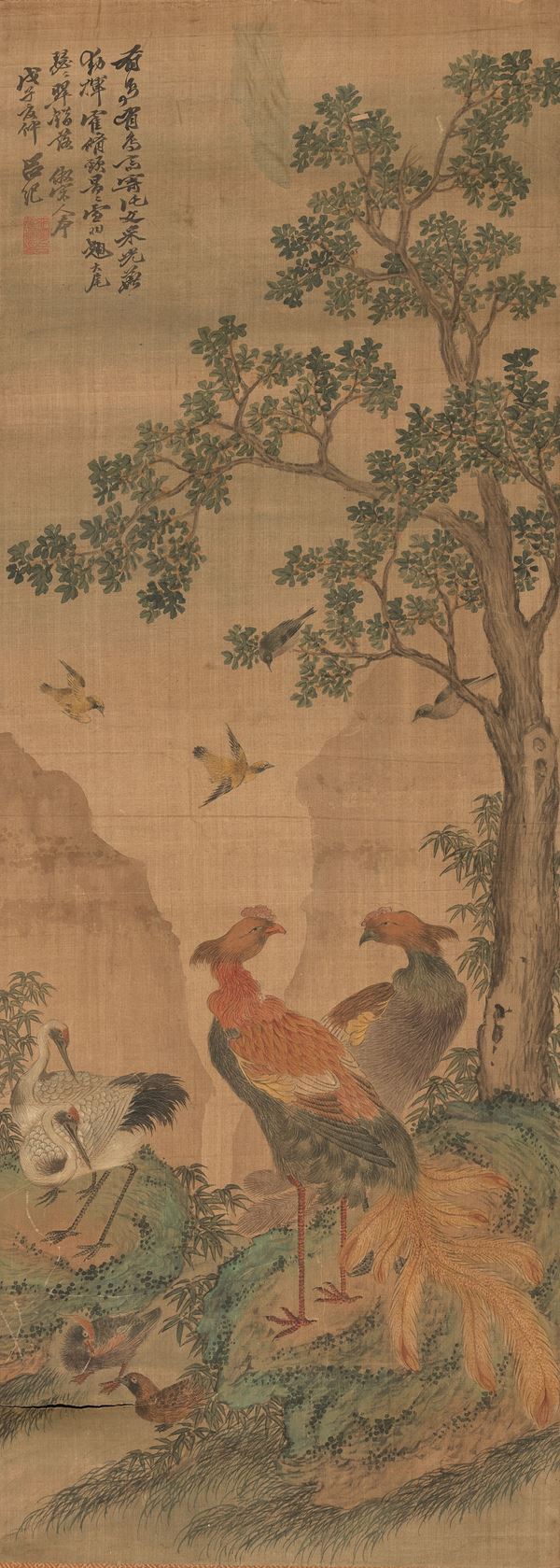 Scroll su seta raffigurante paesaggio con volatili e iscrizioni, Cina, Dinastia Qing, XIX secolo