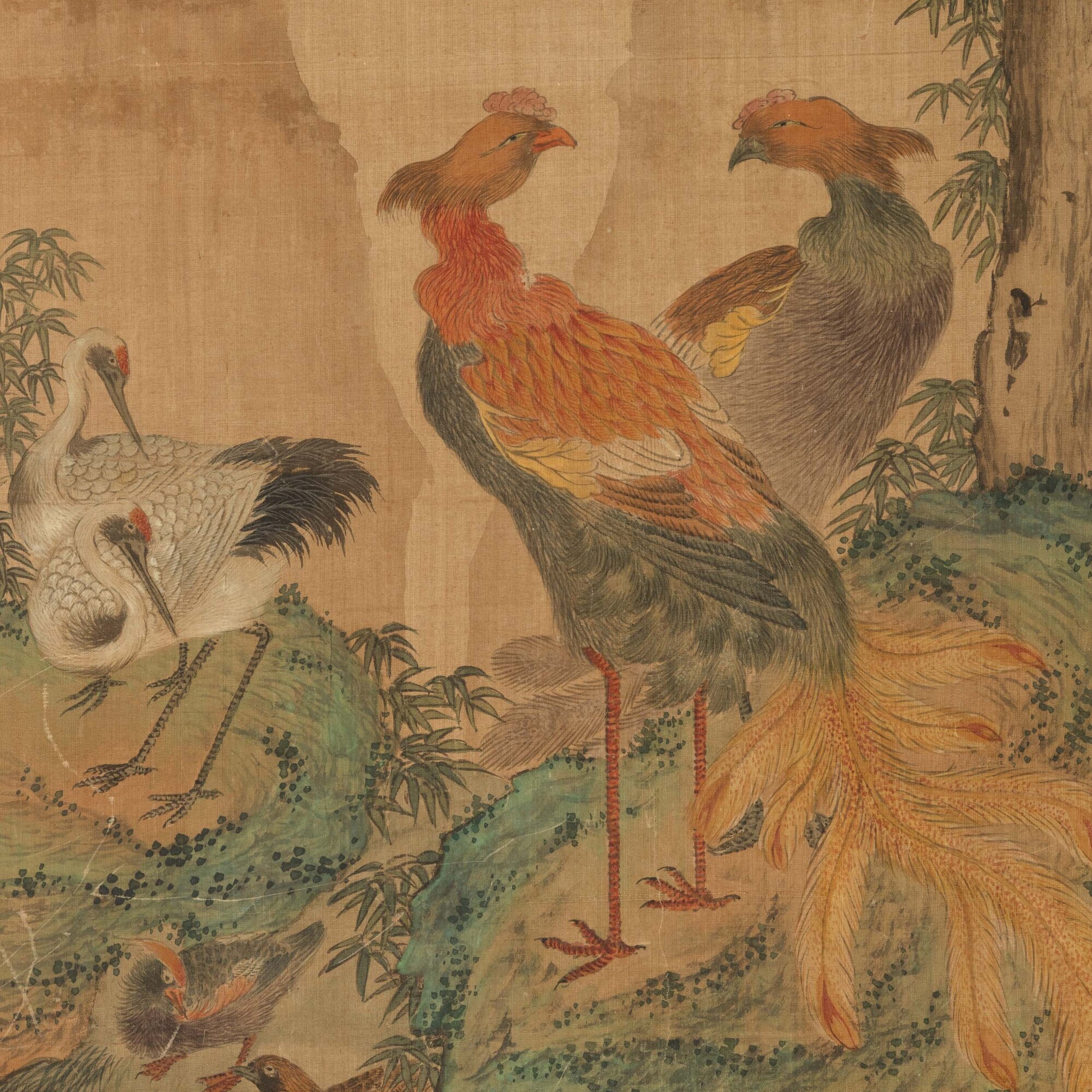 Cina, Dinastia Qing, Scroll su seta con paesaggio, volatili e iscrizioni, XIX secolo