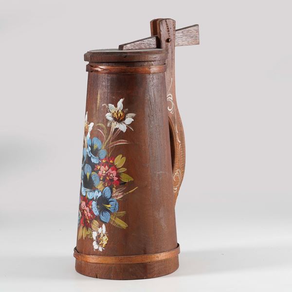 Grande versatoio in legno con decoro floreale policromo